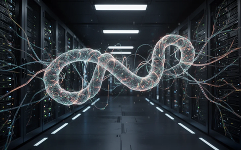 An abstract, glowing digital worm depicted as a complex web of light trails moving through a dark, futuristic server room. - Foto: über boerse-global.de
