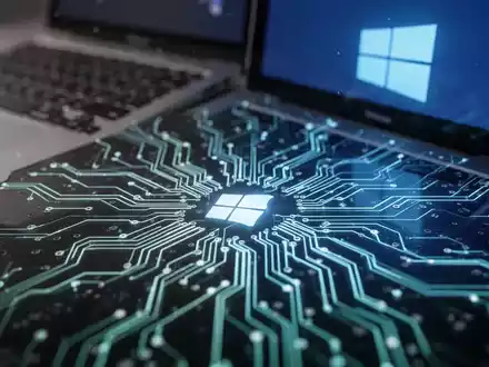 A stylized circuit board with a blurred Apple Mac laptop keyboard and a Windows logo reflected on the screen, symbolizing virtualization and cross-platform compatibility. - Foto: über boerse-global.de