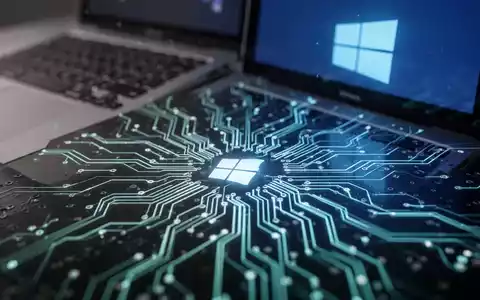 A stylized circuit board with a blurred Apple Mac laptop keyboard and a Windows logo reflected on the screen, symbolizing virtualization and cross-platform compatibility. - Foto: über boerse-global.de