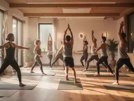 Ein ruhiges, modernes Yoga-Studio in Kierspe mit einer kleinen Gruppe von Menschen, die Yoga praktizieren. Sanftes Licht durchflutet den Raum. - Foto: über boerse-global.de