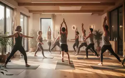 Ein ruhiges, modernes Yoga-Studio in Kierspe mit einer kleinen Gruppe von Menschen, die Yoga praktizieren. Sanftes Licht durchflutet den Raum. - Foto: über boerse-global.de