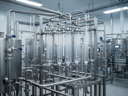 Innenansicht einer hochmodernen Milchverarbeitungsanlage mit Edelstahlmaschinen und Chromatographiesäulen zur Proteingewinnung. - Foto: über boerse-global.de