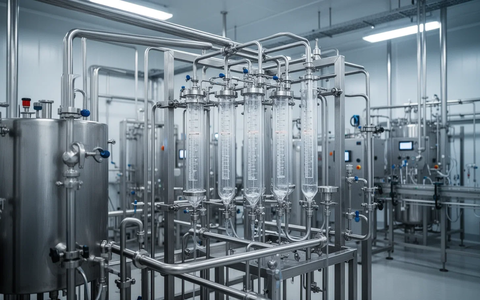 Innenansicht einer hochmodernen Milchverarbeitungsanlage mit Edelstahlmaschinen und Chromatographiesäulen zur Proteingewinnung. - Foto: über boerse-global.de