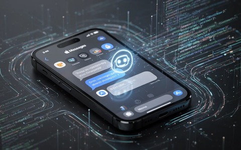 A smartphone screen showing the Apple Messages app with a glowing AI chatbot icon integrated into the message interface. - Foto: über boerse-global.de