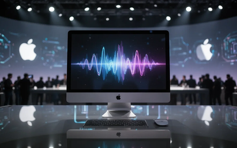 Ein stilvolles Apple-Computer-Setup mit einer leuchtenden Siri-Wellenform auf dem Bildschirm, das Innovation und neue Technologie darstellt. - Foto: über boerse-global.de