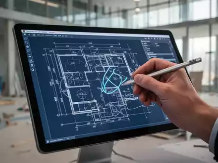 A hand using a stylus on a tablet displaying a digital architectural plan, with a blurred construction site in the background. - Foto: über boerse-global.de