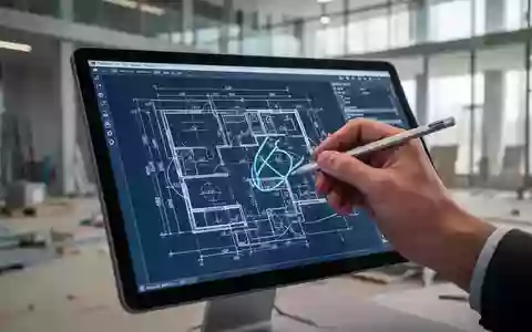 A hand using a stylus on a tablet displaying a digital architectural plan, with a blurred construction site in the background. - Foto: über boerse-global.de