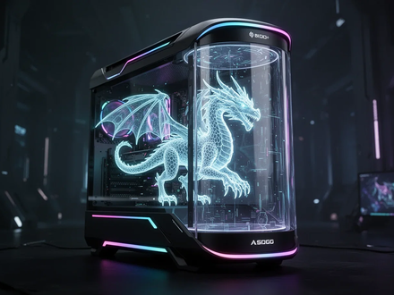 Futuristic gaming desktop PC with a holographic dragon AI assistant in a transparent cylinder, glowing with blue and purple light. - Foto: über boerse-global.de