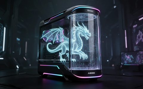 Futuristic gaming desktop PC with a holographic dragon AI assistant in a transparent cylinder, glowing with blue and purple light. - Foto: über boerse-global.de