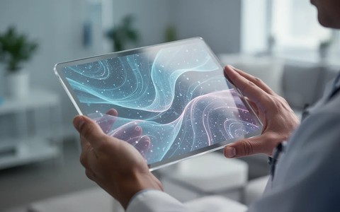 Hände halten ein transparentes Tablet mit digitalen Mustern, die Schmerztherapie und Technologie symbolisieren. - Foto: über boerse-global.de