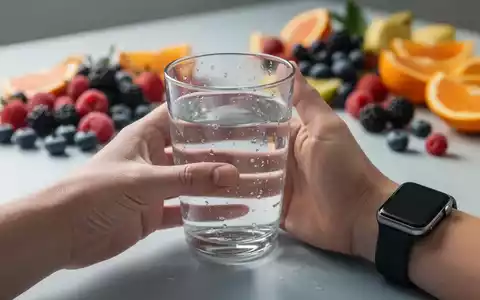 Eine Hand hält ein Glas Wasser; im unscharfen Hintergrund sind frische Früchte und eine Smartwatch auf einer hellen Oberfläche zu sehen. - Foto: über boerse-global.de
