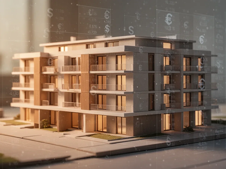 Ein stilisiertes Modell eines Mehrfamilienhauses mit subtilen digitalen Finanzdaten, symbolisiert Umnutzung und Investition. - Foto: über boerse-global.de