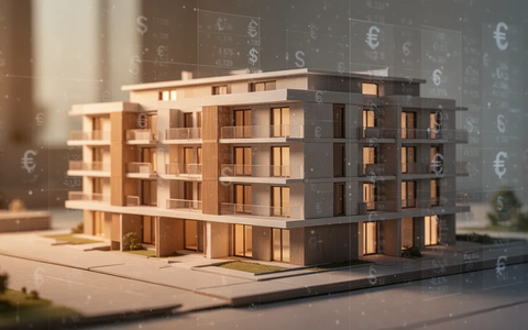 Ein stilisiertes Modell eines Mehrfamilienhauses mit subtilen digitalen Finanzdaten, symbolisiert Umnutzung und Investition. - Foto: über boerse-global.de