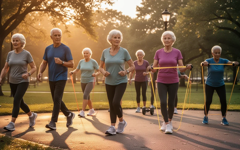 Senioren trainieren in einem Park, einige gehen, andere machen Krafttraining mit Widerstandsbändern. - Foto: über boerse-global.de