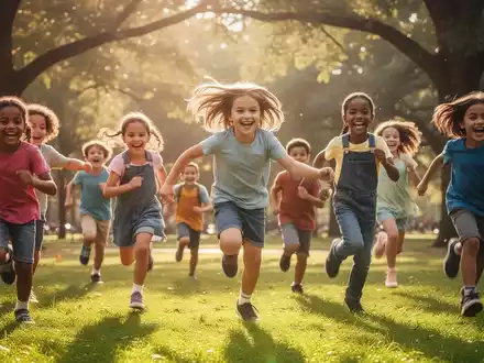 Eine vielfältige Gruppe glücklicher Kinder spielt aktiv im Freien in einem Park, rennt und springt. - Foto: über boerse-global.de