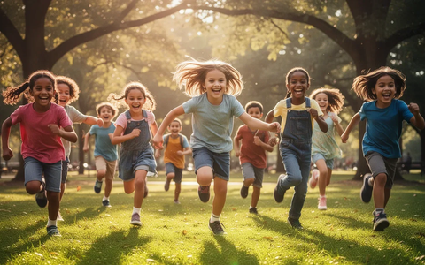 Eine vielfältige Gruppe glücklicher Kinder spielt aktiv im Freien in einem Park, rennt und springt. - Foto: über boerse-global.de