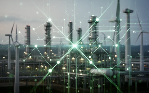 Ein abstraktes digitales Netz aus leuchtenden Linien und Datenpunkten vor einem verschwommenen Hintergrund mit Industrieanlagen und grünen Elementen. - Foto: über boerse-global.de