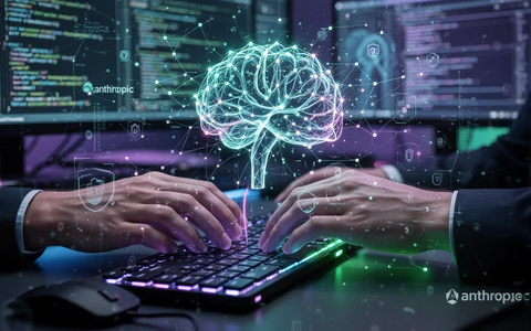 Eine futuristische, leuchtende neuronale Netzschnittstelle über den Händen eines Programmierers, der auf einer Tastatur tippt. - Foto: über boerse-global.de