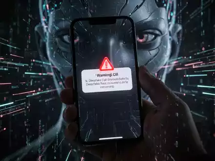 Ein Smartphone-Bildschirm zeigt eine Warnmeldung über einen Deepfake-Anruf, mit abstrakten digitalen Sicherheitselementen im Hintergrund. - Foto: über boerse-global.de