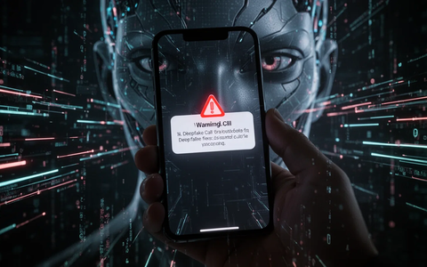 Ein Smartphone-Bildschirm zeigt eine Warnmeldung über einen Deepfake-Anruf, mit abstrakten digitalen Sicherheitselementen im Hintergrund. - Foto: über boerse-global.de