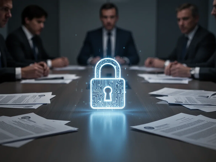 Ein beleuchtetes Daten- oder digitales Schloss-Symbol auf einem Konferenztisch, umgeben von Dokumenten, mit verschwommenen Geschäftsleuten im Hintergrund. - Foto: über boerse-global.de