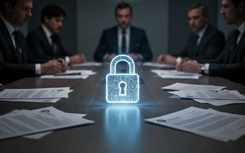 Ein beleuchtetes Daten- oder digitales Schloss-Symbol auf einem Konferenztisch, umgeben von Dokumenten, mit verschwommenen Geschäftsleuten im Hintergrund. - Foto: über boerse-global.de