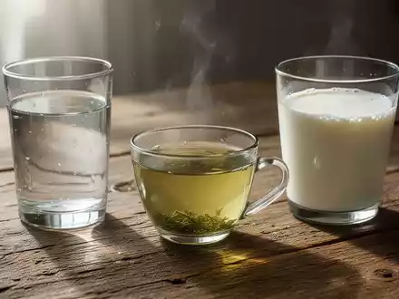 Ein Glas Wasser, eine Tasse grüner Tee und ein Glas Kefir auf einem Holztisch, symbolisieren gesunde Getränke. - Foto: über boerse-global.de