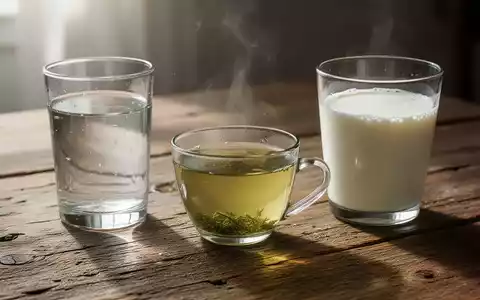 Ein Glas Wasser, eine Tasse grüner Tee und ein Glas Kefir auf einem Holztisch, symbolisieren gesunde Getränke. - Foto: über boerse-global.de