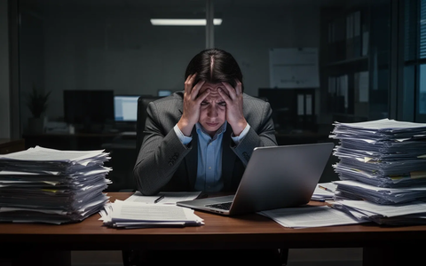 Eine gestresste Person sitzt mit dem Kopf in den Händen an einem Schreibtisch, umgeben von Papieren und einem Laptop. - Foto: über boerse-global.de
