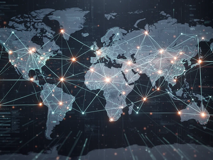 Abstrakte Darstellung von vernetzten Lieferketten und globalem Handel, symbolisiert durch geometrische Linien und leuchtende Knotenpunkte. - Foto: über boerse-global.de