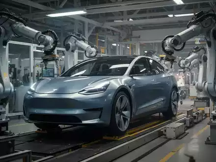 Ein futuristisches Elektrofahrzeug auf einer automatisierten Montagelinie mit Roboterarmen in einer Hightech-Fabrik, die Präzision und Automatisierung betont. - Foto: über boerse-global.de