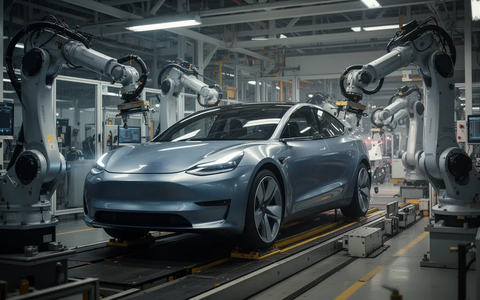 Ein futuristisches Elektrofahrzeug auf einer automatisierten Montagelinie mit Roboterarmen in einer Hightech-Fabrik, die Präzision und Automatisierung betont. - Foto: über boerse-global.de