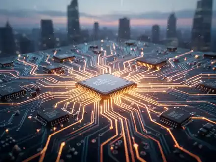 Nahaufnahme einer leuchtenden Leiterplatte mit Mikrochips und einem unscharfen Stadtbild im Hintergrund bei Dämmerung. - Foto: über boerse-global.de