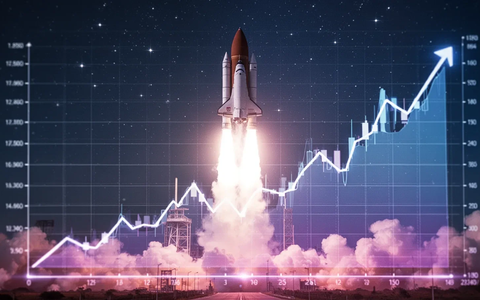 Eine stilisierte Rakete startet in den Nachthimmel, mit einem digitalen Diagramm, das eine gesenkte Gewinnschätzung zeigt. - Foto: über boerse-global.de