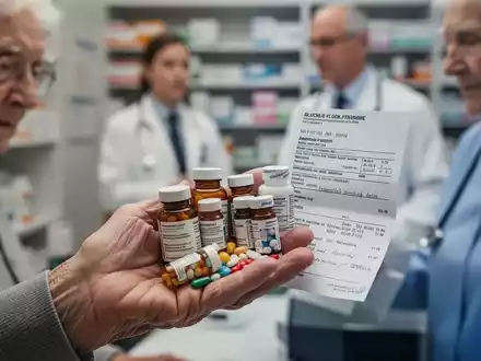 Eine ältere Hand hält verschiedene Medikamentenflaschen, im Hintergrund unscharf ein Apotheker oder Arzt. - Foto: über boerse-global.de