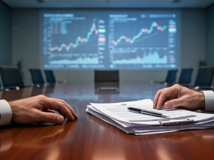 Eine Hand ruht auf einem Tisch neben Dokumenten, im Hintergrund verschwommene Finanzdiagramme und ein Konferenzraum. - Foto: über boerse-global.de