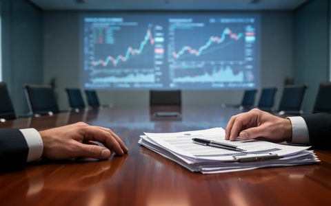 Eine Hand ruht auf einem Tisch neben Dokumenten, im Hintergrund verschwommene Finanzdiagramme und ein Konferenzraum. - Foto: über boerse-global.de