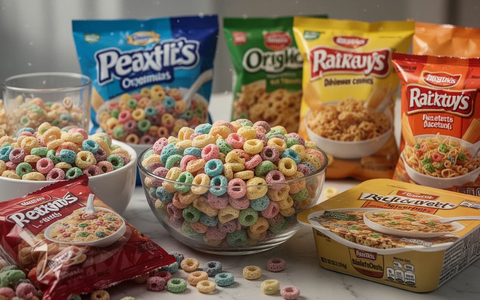 Nahaufnahme einer Auswahl ultraverarbeiteter Lebensmittel wie bunte Müslis, verpackte Snacks und Fertiggerichte. - Foto: über boerse-global.de
