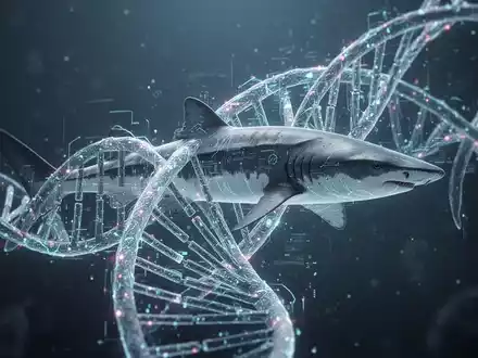 Eine stilisierte, leuchtende DNA-Doppelhelix, die sich mit einer digitalen Darstellung eines Grönlandhais verschränkt. - Foto: über boerse-global.de