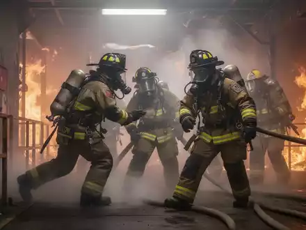 Feuerwehrmänner in voller Ausrüstung mit Atemschutzgeräten in einer rauchigen und heißen Brandsimulationsanlage. - Foto: über boerse-global.de
