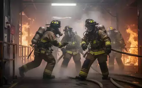Feuerwehrmänner in voller Ausrüstung mit Atemschutzgeräten in einer rauchigen und heißen Brandsimulationsanlage. - Foto: über boerse-global.de