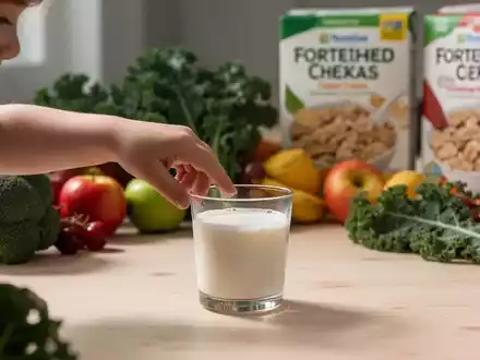Nahaufnahme einer Kinderhand, die nach einem Glas Pflanzenmilch greift, mit gesunden Lebensmitteln im Hintergrund. - Foto: über boerse-global.de