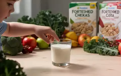 Nahaufnahme einer Kinderhand, die nach einem Glas Pflanzenmilch greift, mit gesunden Lebensmitteln im Hintergrund. - Foto: über boerse-global.de