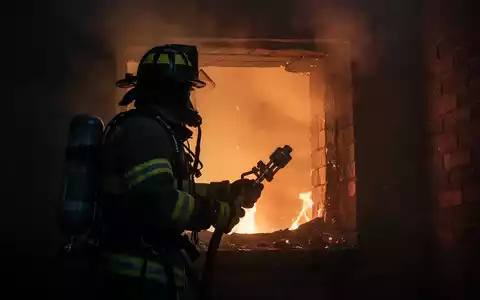 Ein Feuerwehrmann in voller Ausrüstung vor einem rauchenden Schornstein, der ein Werkzeug hält. Orangefarbenes Feuer leuchtet im Schornstein. - Foto: über boerse-global.de