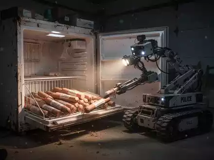 Ein Polizeiroboter untersucht vorsichtig Dynamitstangen in einer alten, offenen Gefriertruhe in einer schummrigen Garage. - Foto: über boerse-global.de