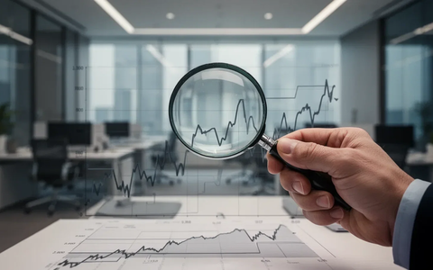 Eine Hand hält eine Lupe über einem Diagramm mit flachen Linien, das fehlende Marktimpulse symbolisiert, in einem Büroumfeld. - Foto: über boerse-global.de