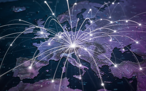 An abstract image showing glowing lines and data points converging over a faint map of Europe, symbolizing M&A in IT and AI. - Foto: über boerse-global.de