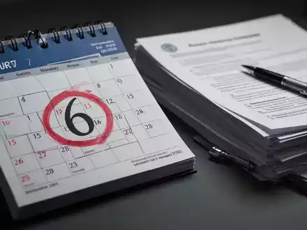 Ein Kalender mit einer eingekreisten '6' neben Dokumenten und einem Stift, der eine Frist oder Handlung andeutet. - Foto: über boerse-global.de