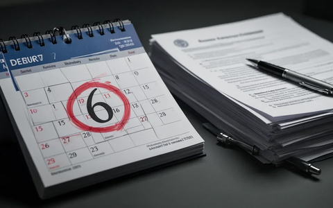 Ein Kalender mit einer eingekreisten '6' neben Dokumenten und einem Stift, der eine Frist oder Handlung andeutet. - Foto: über boerse-global.de