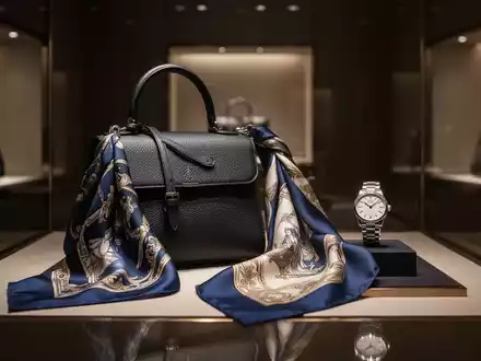 Eine luxuriöse Handtasche, ein Seidenschal und eine Armbanduhr in einem exklusiven Boutique-Schaufenster, das Eleganz und Exklusivität ausstrahlt. - Foto: über boerse-global.de